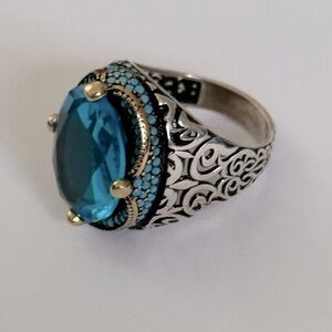 925 Silver ring aquamarine blue oval and small turquoise stones